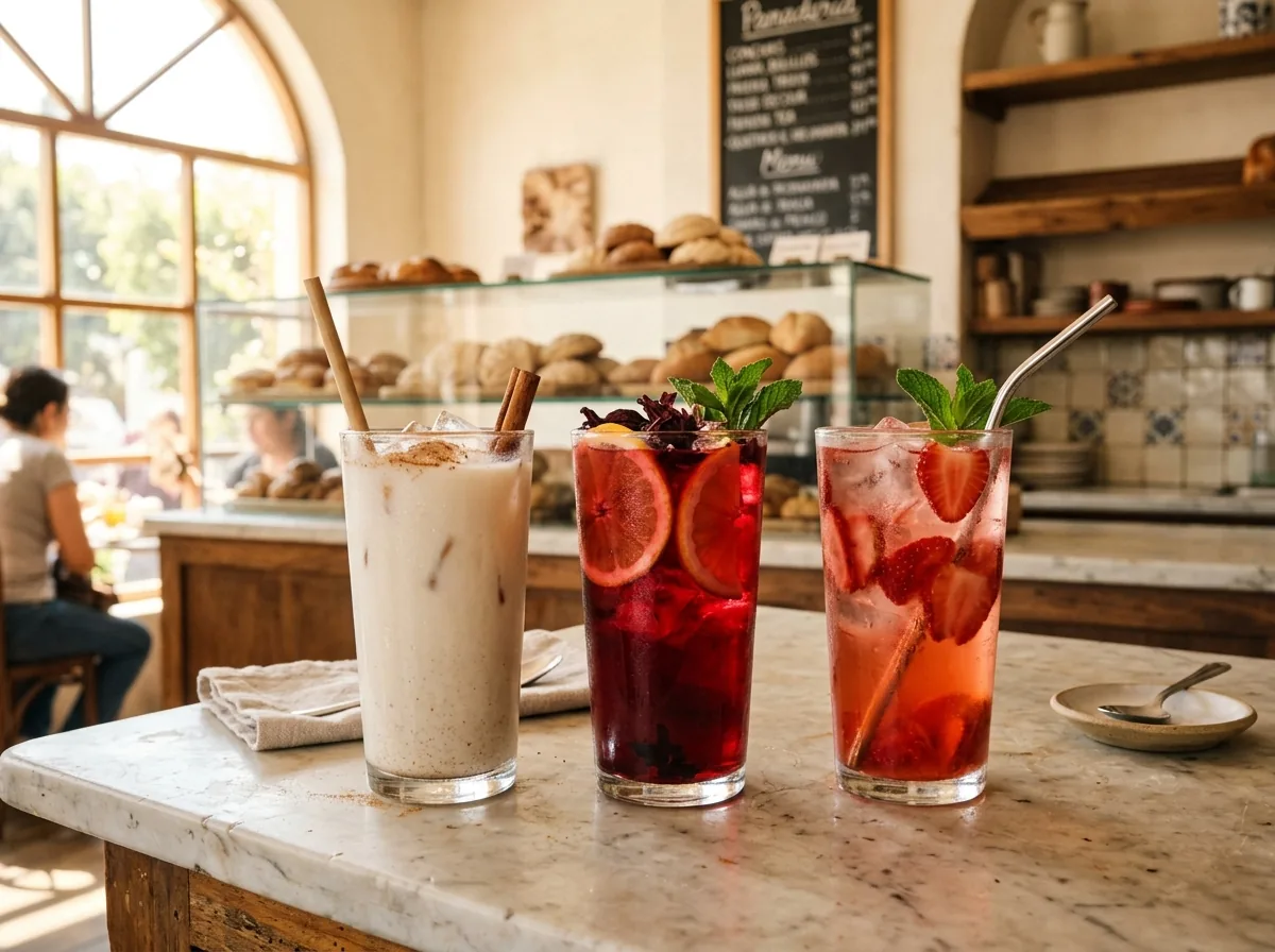 Aguas frescas artesanales de sabor horchata, jamaica y fresa