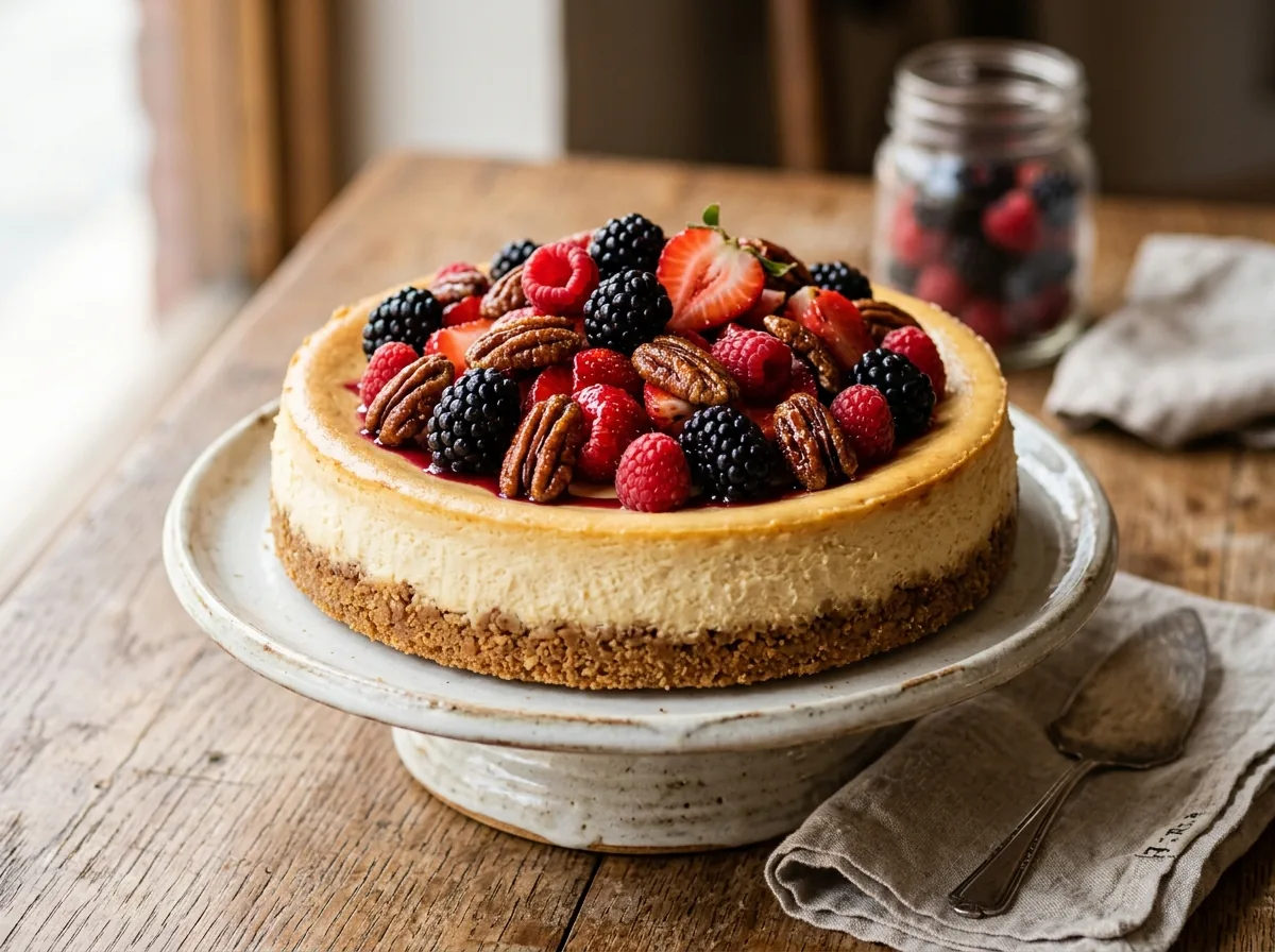 Pay de queso preparado con frutos rojos y nuez